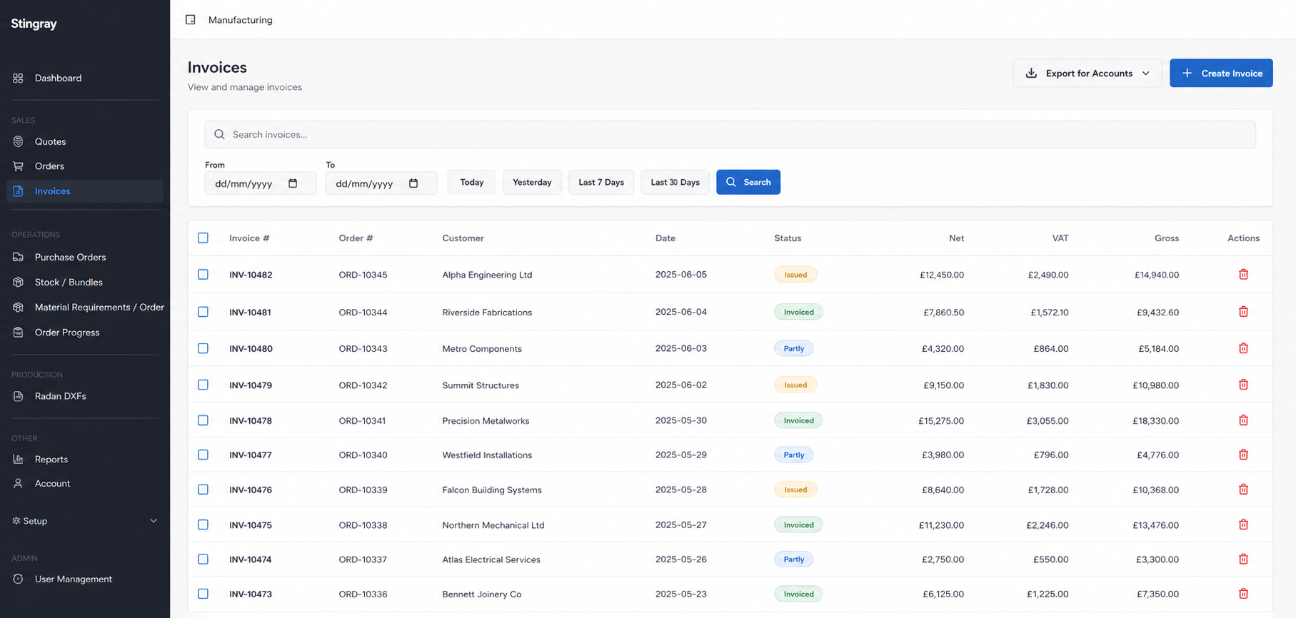 Stingray ERP invoices page with search filters and invoice table